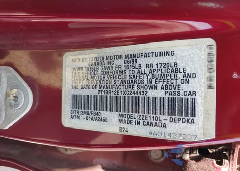 1999 Toyota Corolla Ce из США, поврежденный, VIN 2T1BR12E1XC244432